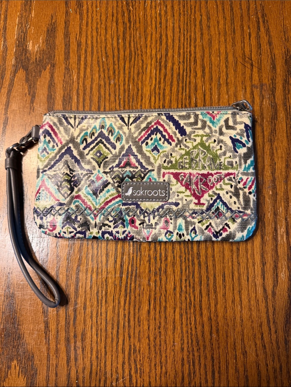 Sakroots Cream Multicolor Geometric Wristlet with Black Strap